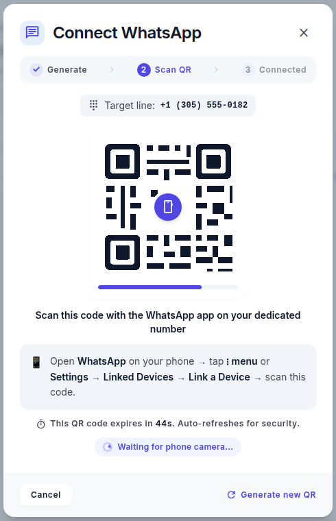 Optimly Connect WhatsApp QR scan screen