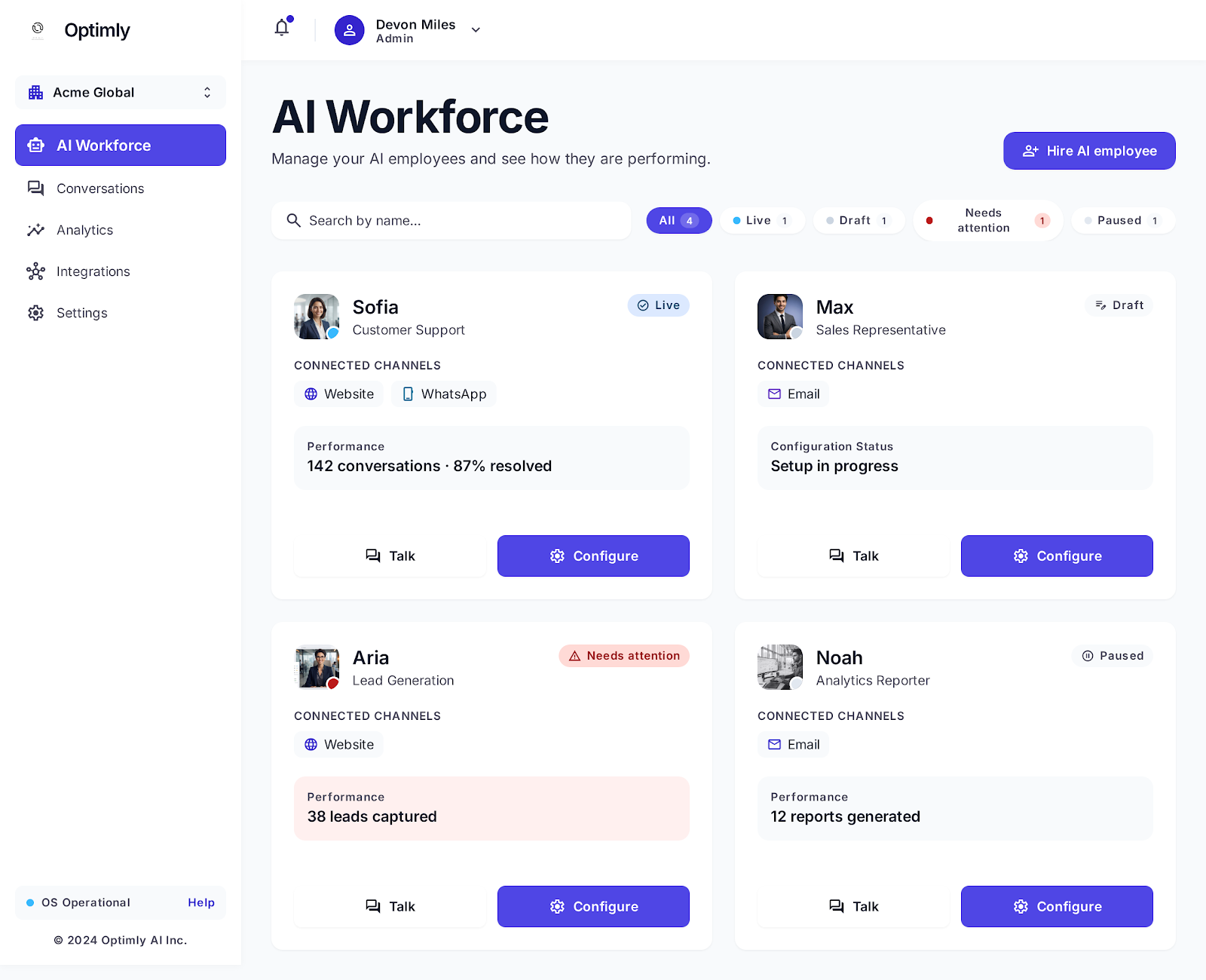 Optimly io workforce dashboard overview